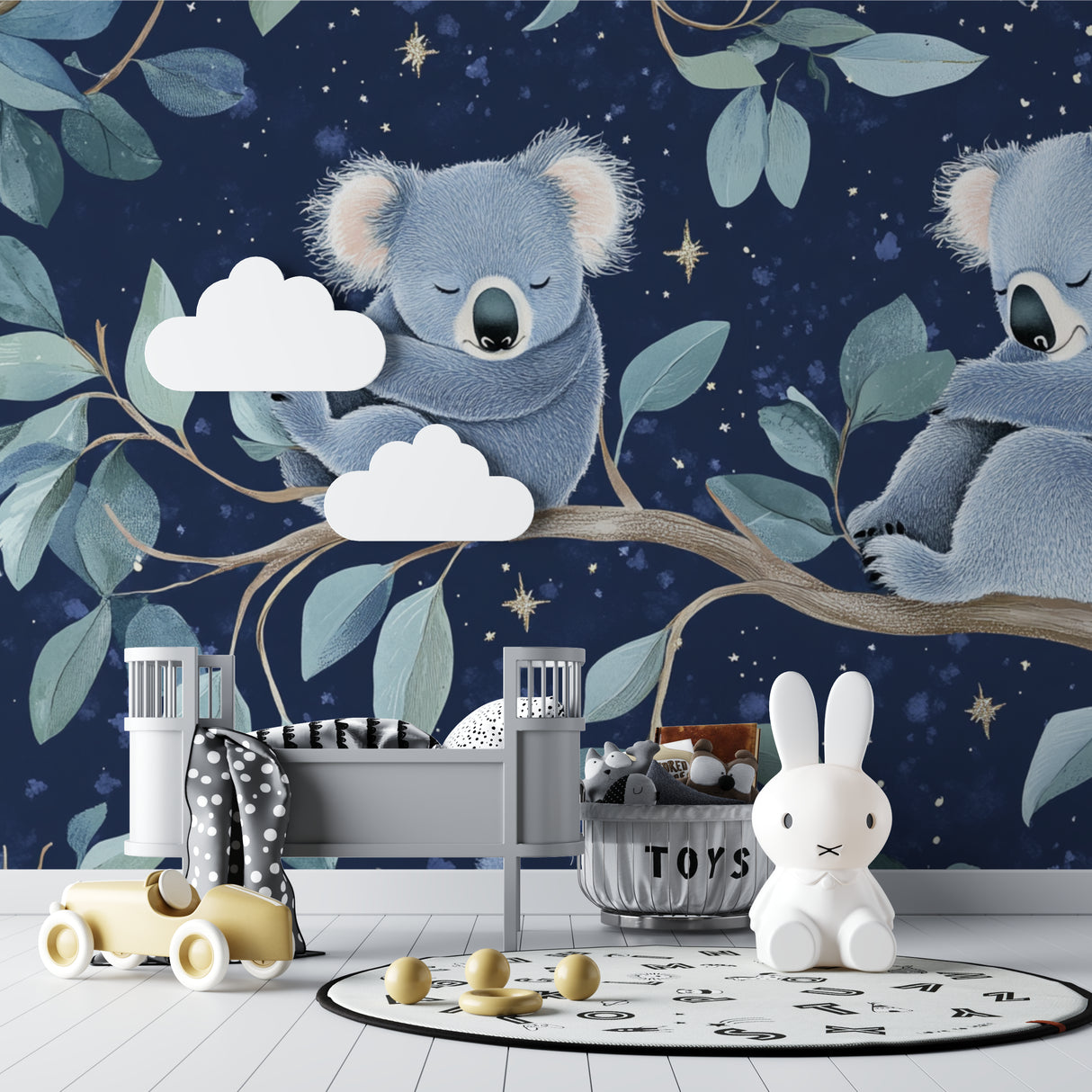 Night sky koala mural displayed in a modern playroom space