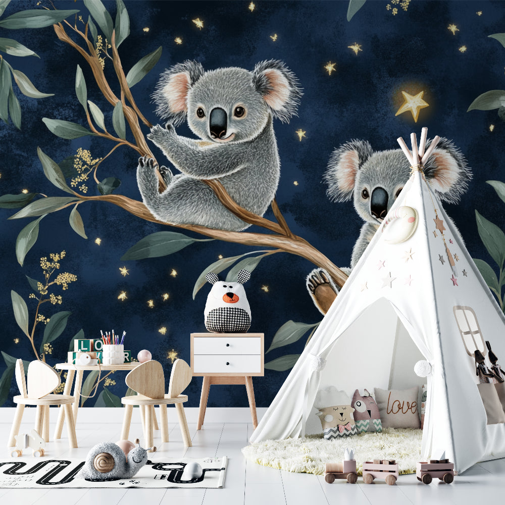 Koala wallpaper mural in a cozy nursery with soft lighting highlighting the starry night design
