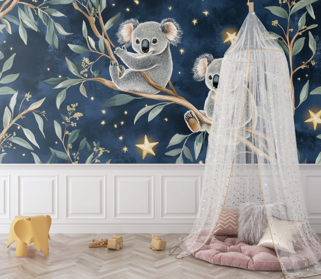 Children's bedroom featuring koala wall mural with reading nook and twinkle lights