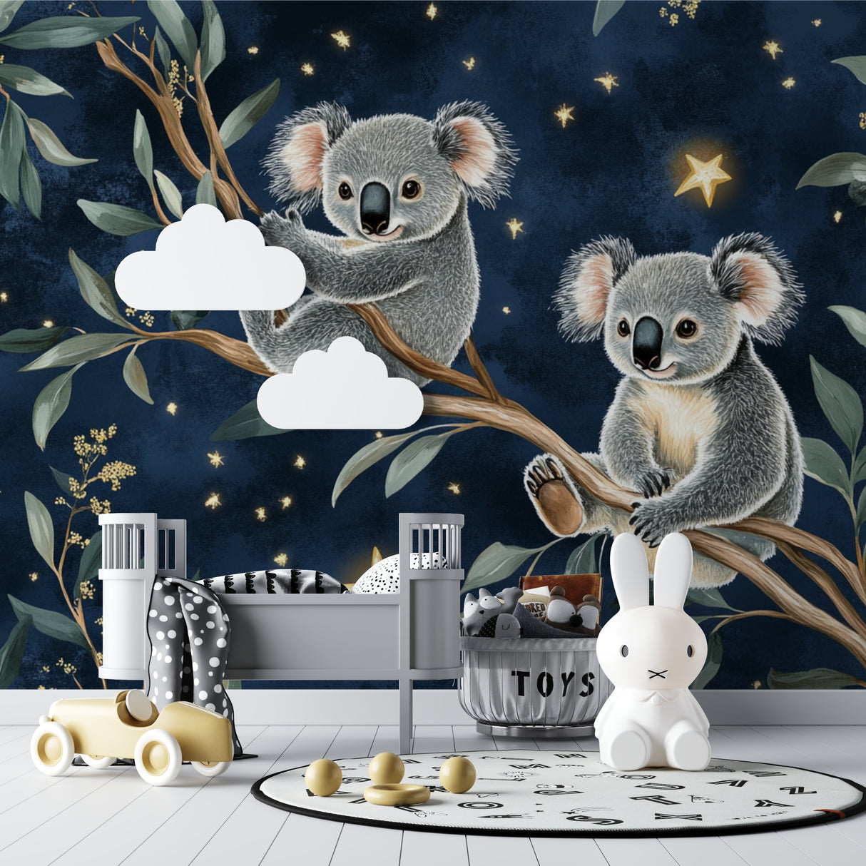 Playroom setting with Australian koala wallpaper creating a peaceful atmosphere