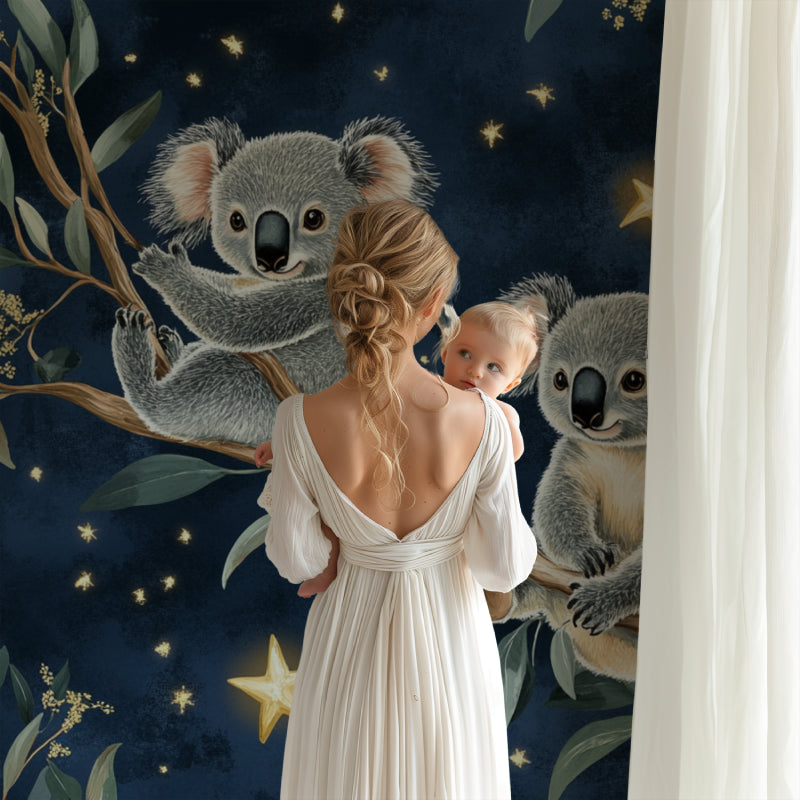 Baby room with starry koala wallpaper design complementing neutral furniture