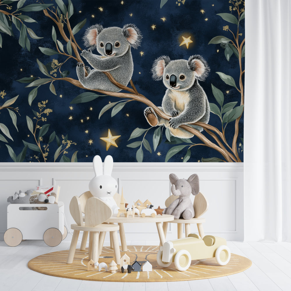 Modern nursery featuring full wall koala mural with changing station