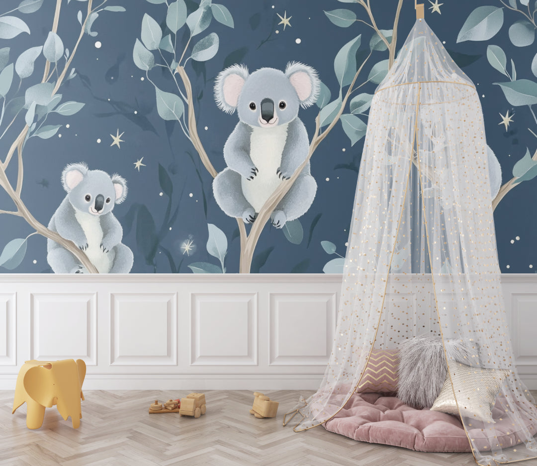 Starry night koala wallpaper in a cozy reading nook with soft lighting