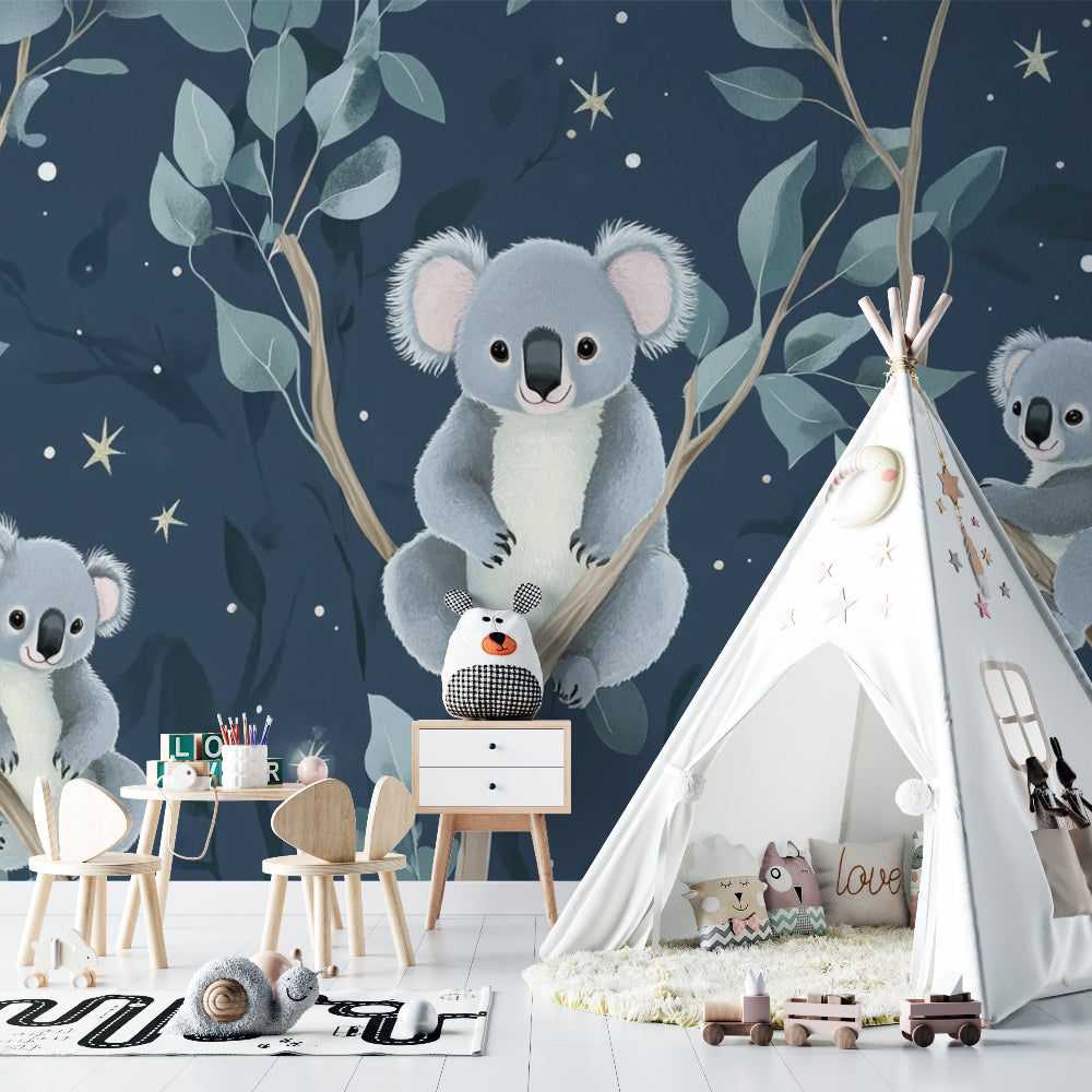 Koala forest wallpaper adding charm to a playroom with wooden elements