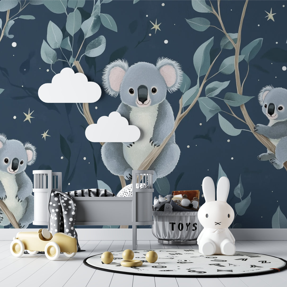 Night sky koala mural creating depth in a small nursery space