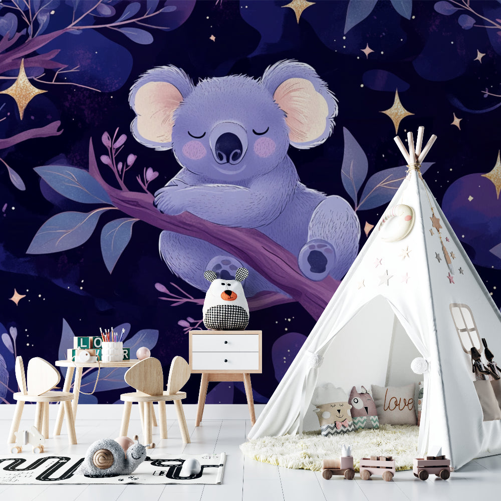 Koala nursery wallpaper creating a cozy atmosphere in a modern baby room with soft lighting