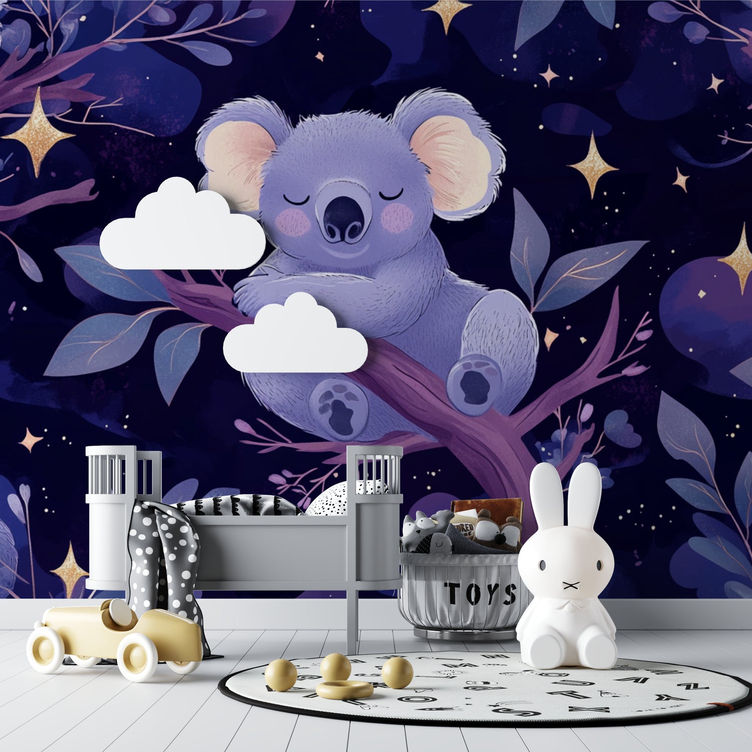 Starry night koala mural in a toddler's bedroom with natural wood furniture