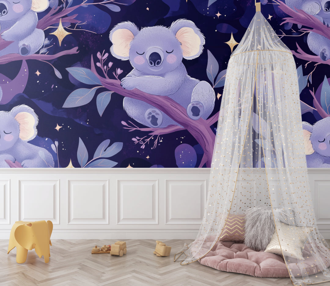 Kids room featuring koala wall mural with reading nook and string lights