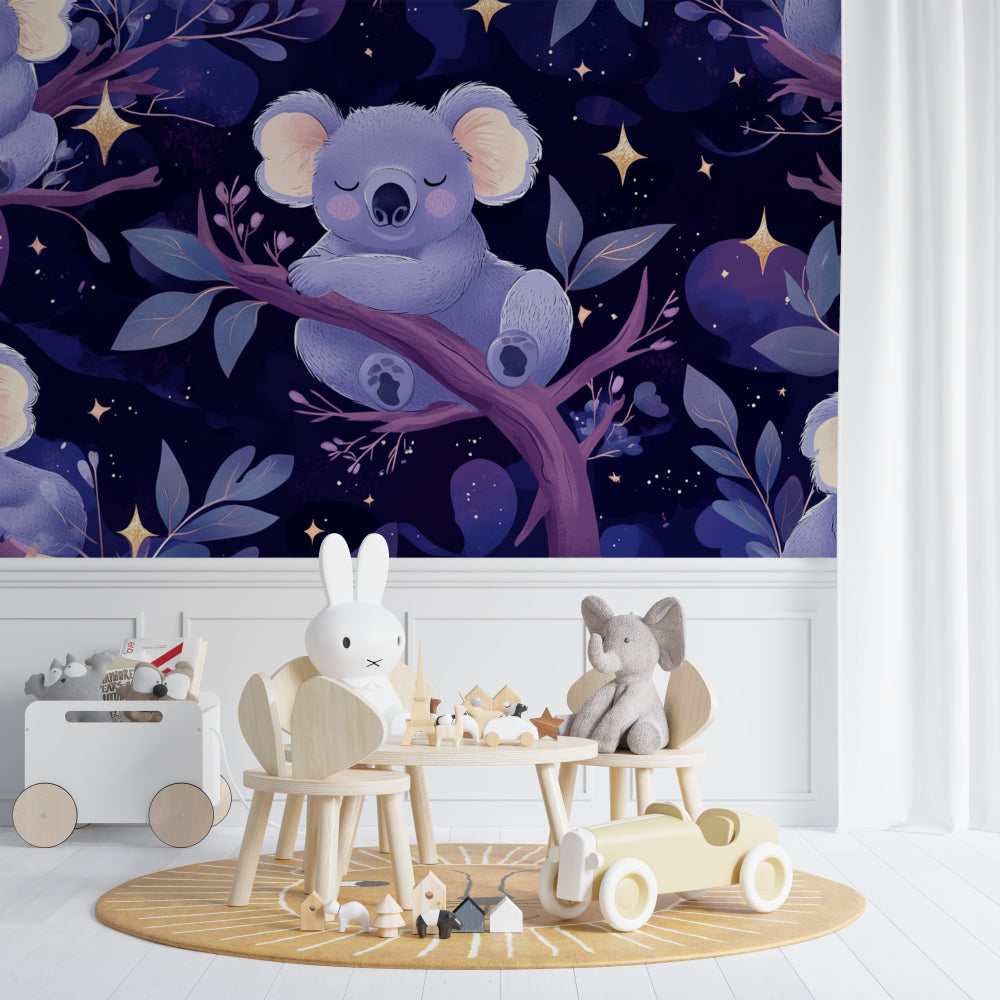 Close-up of koala mural wallpaper in playroom setting with toys