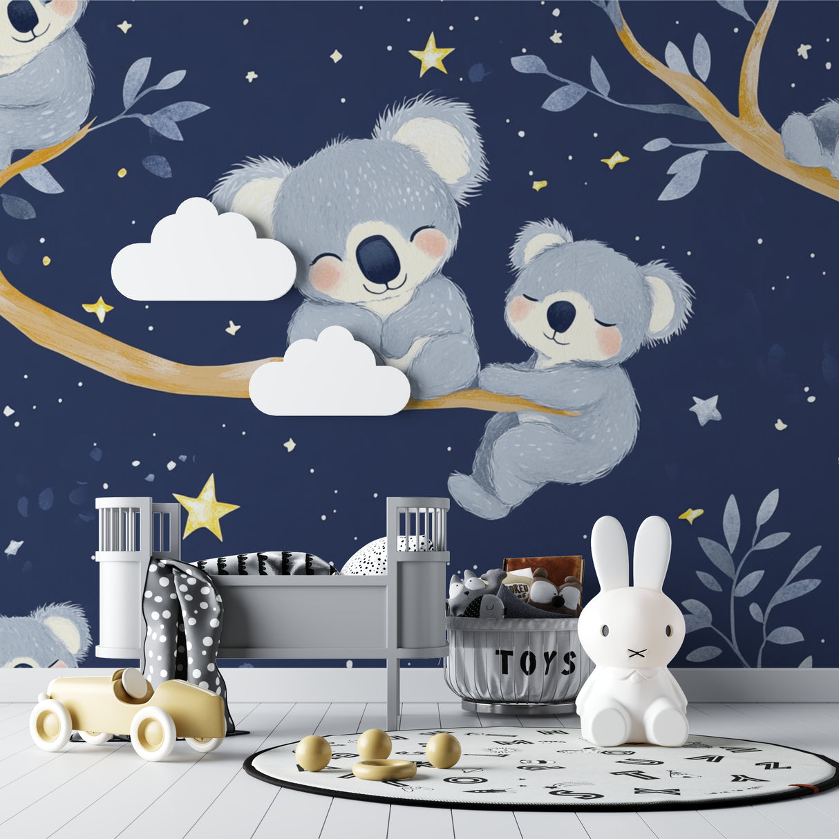 Starry night koala mural in a cozy reading nook with soft lighting