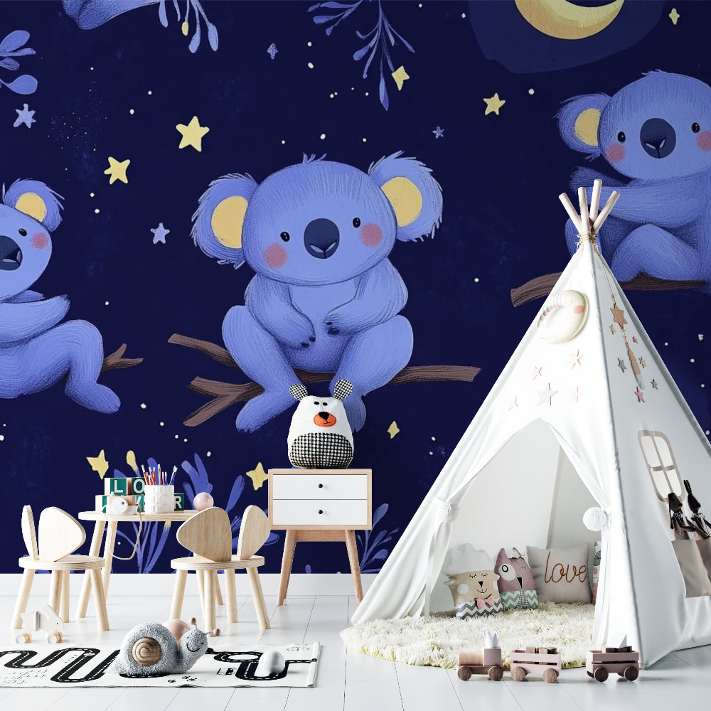 Koala nursery wallpaper creating a magical atmosphere in a modern baby room with soft lighting
