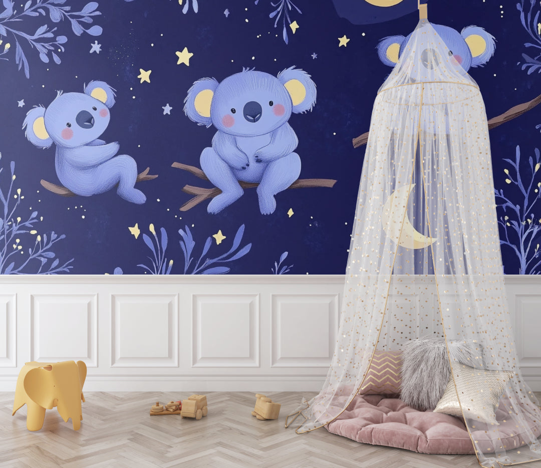 Starry night koala wallpaper in a toddler's bedroom with cozy reading nook