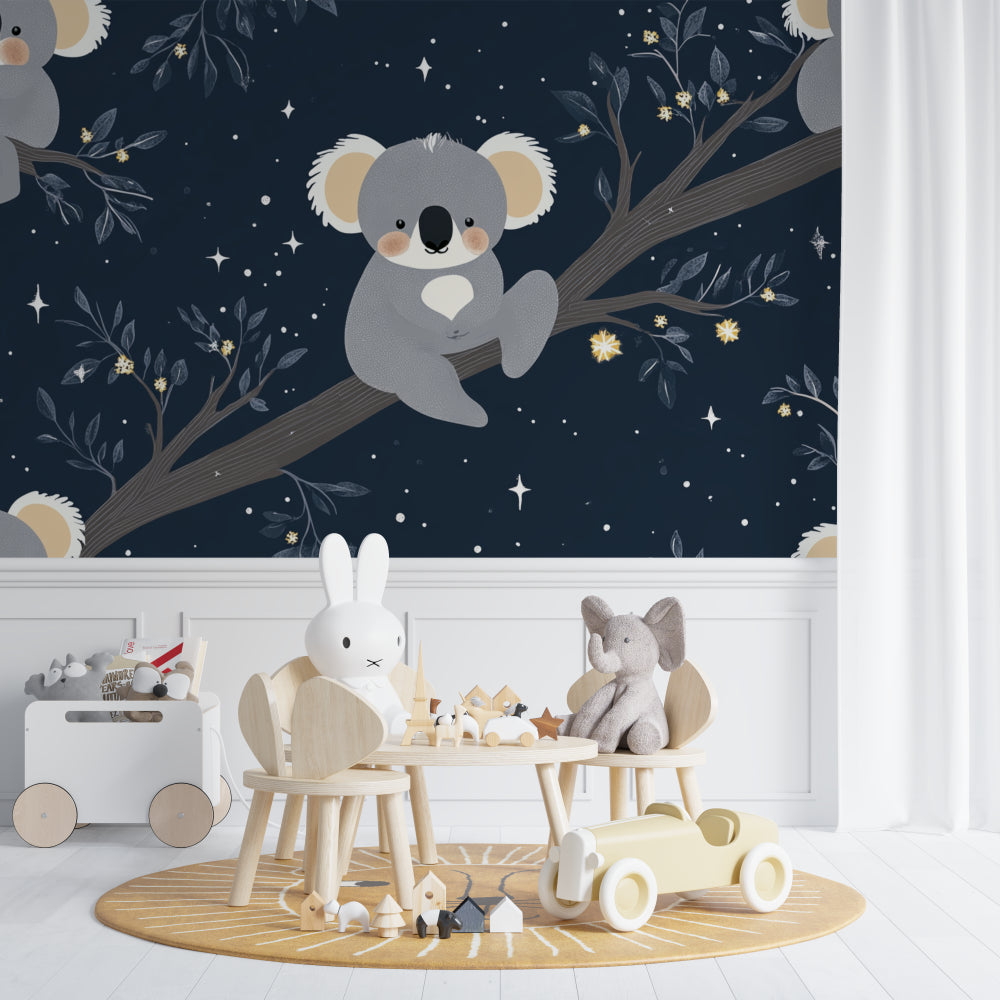 Baby room featuring koala wall mural with soft lighting highlighting the golden stars and sleepy koalas