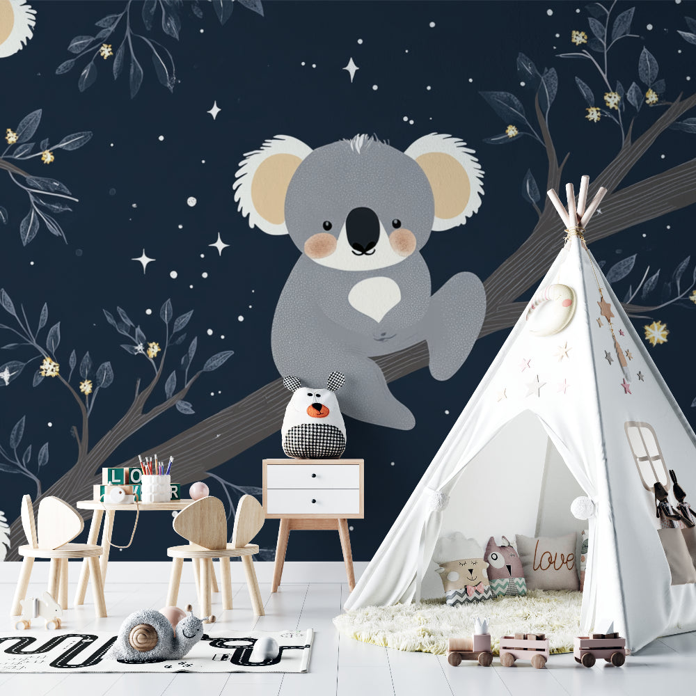 Toddler bedroom showcasing starry night koala wallpaper with navy blue and gold color scheme