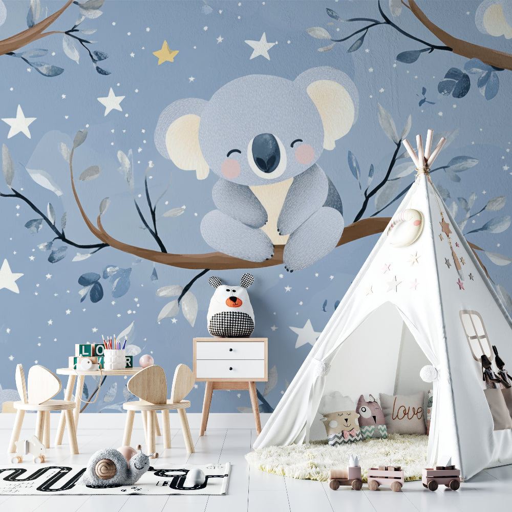 Starry koala wallpaper bringing charm to a toddler's bedroom with soft lighting