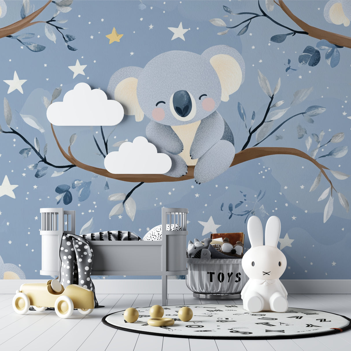 Australian nursery mural featured in a playroom with natural wood accents
