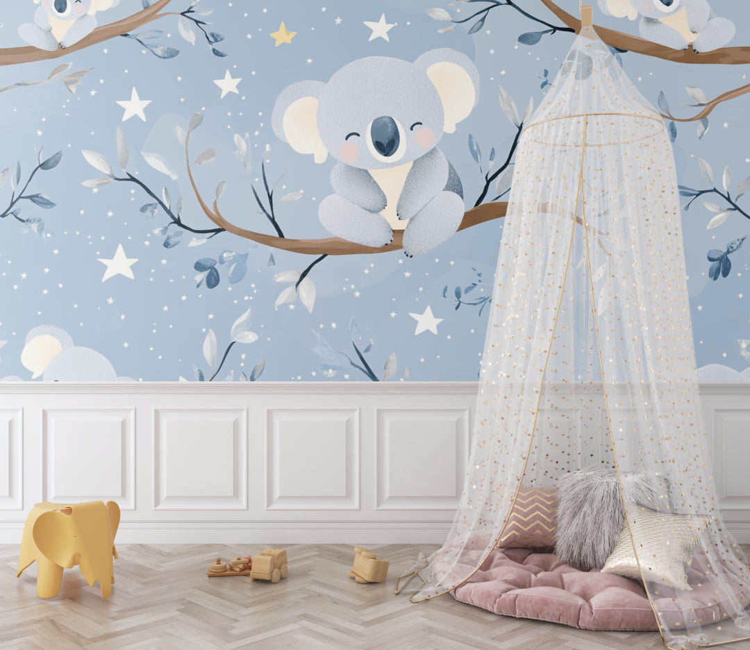 Koala wall mural creating a dreamy corner in a gender-neutral nursery setting