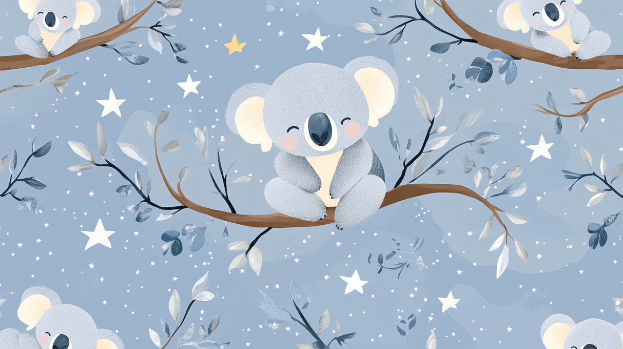 Koala nursery wallpaper design file showing detailed starry pattern and eucalyptus leaves