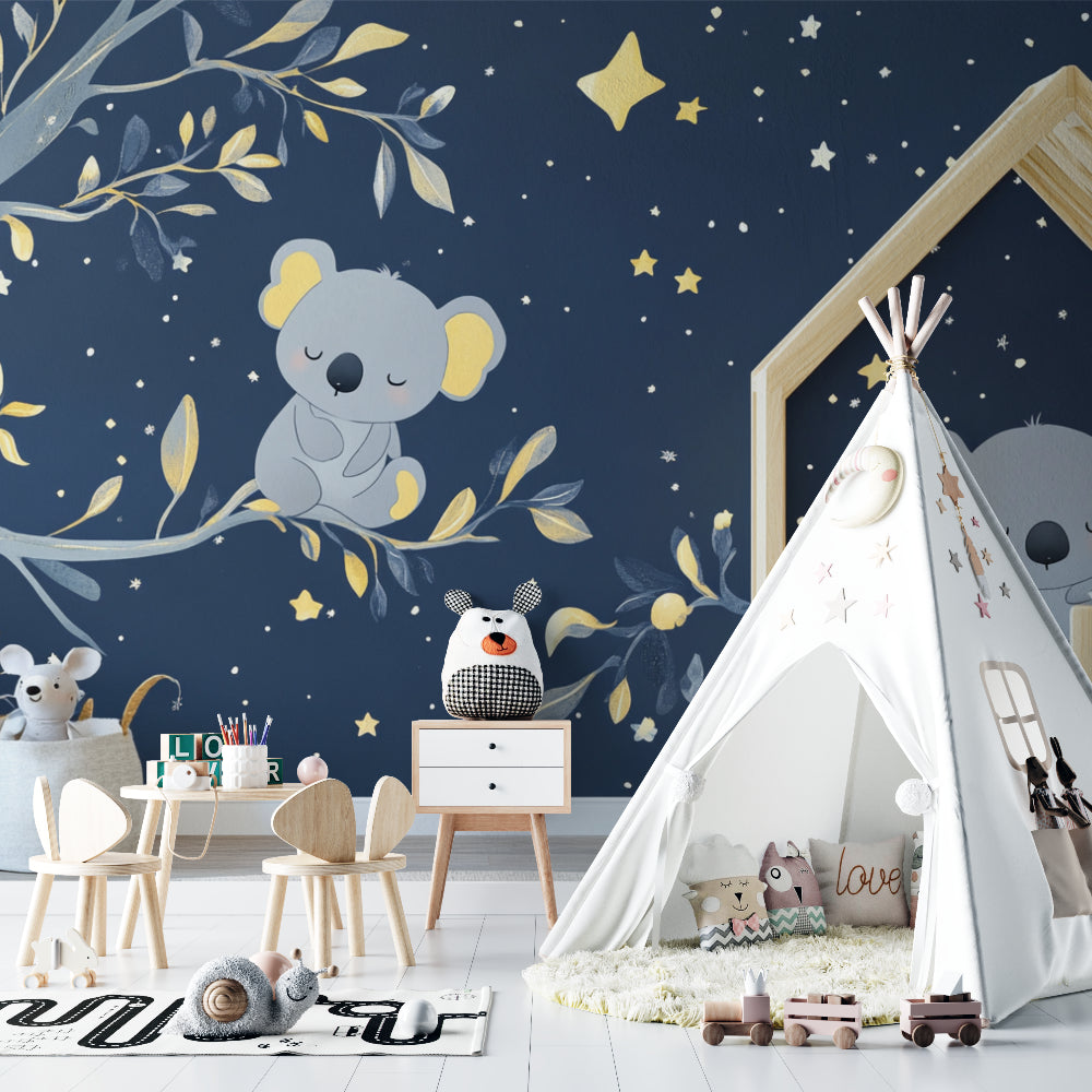 Koala nursery wallpaper bringing magic to a modern nursery with soft lighting and natural decor