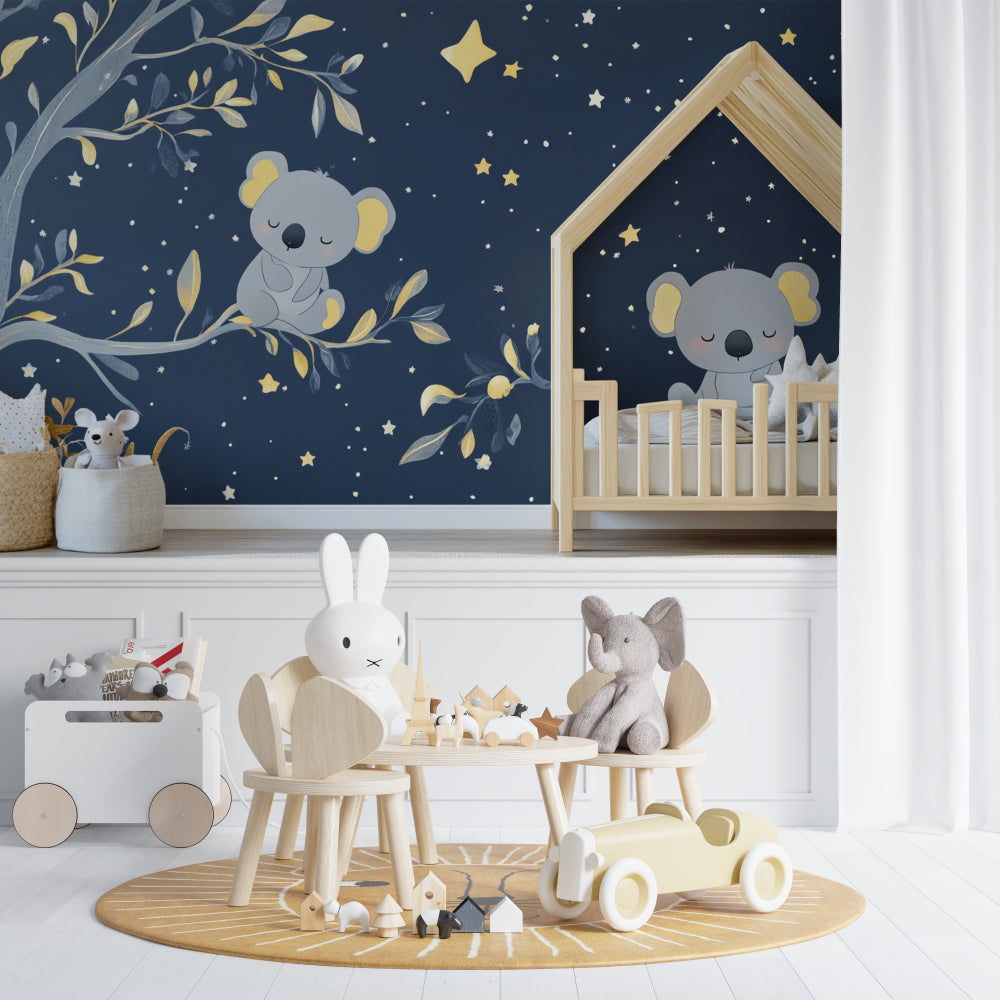 Starry night koala wallpaper creating a cozy atmosphere in a toddler's bedroom