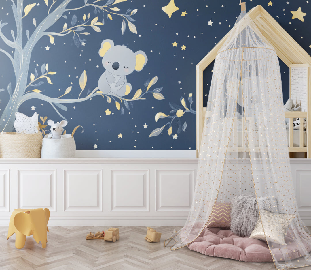 Koala mural creating a peaceful sleep environment in a modern kids room