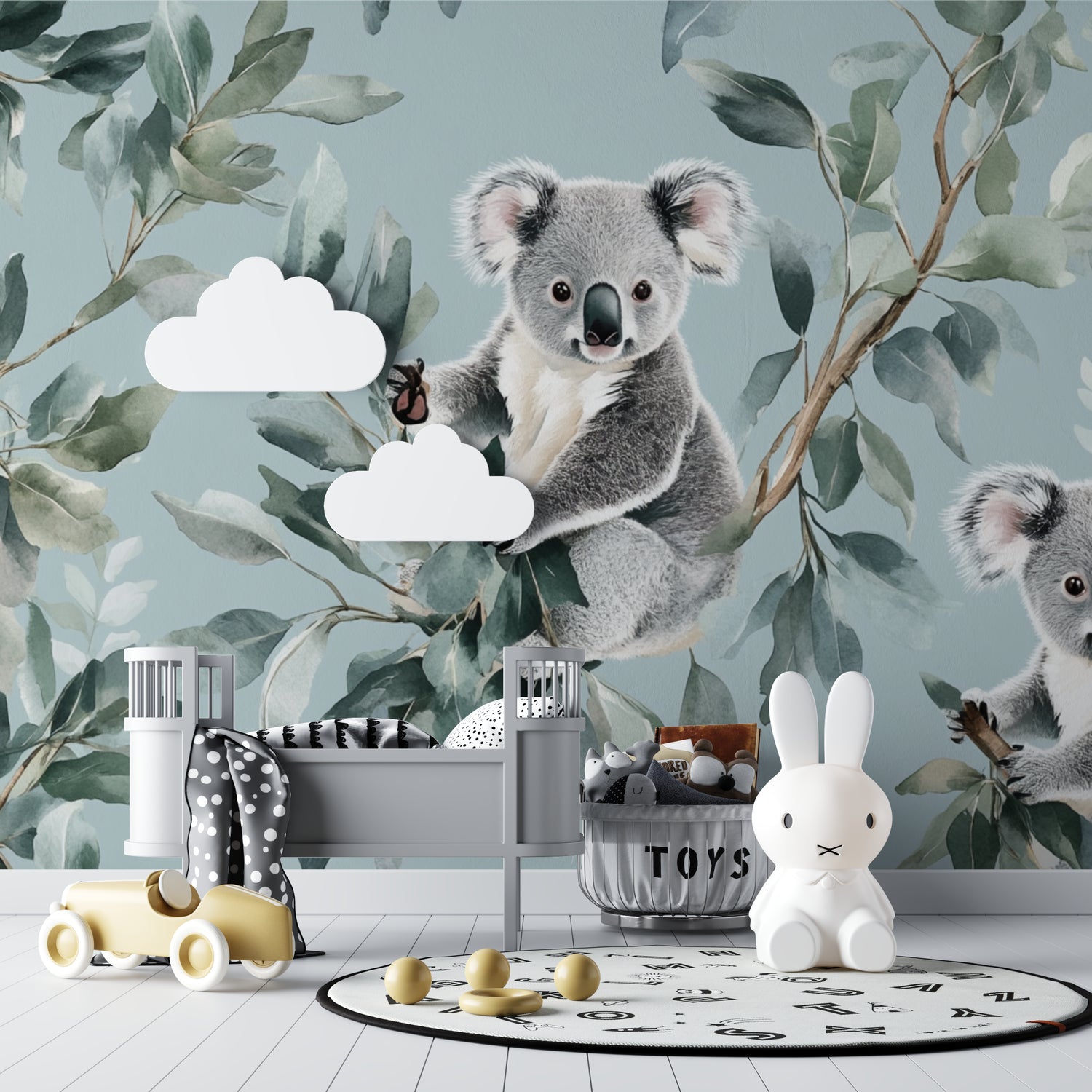 Australian koala mural in modern children's bedroom with natural wood accents