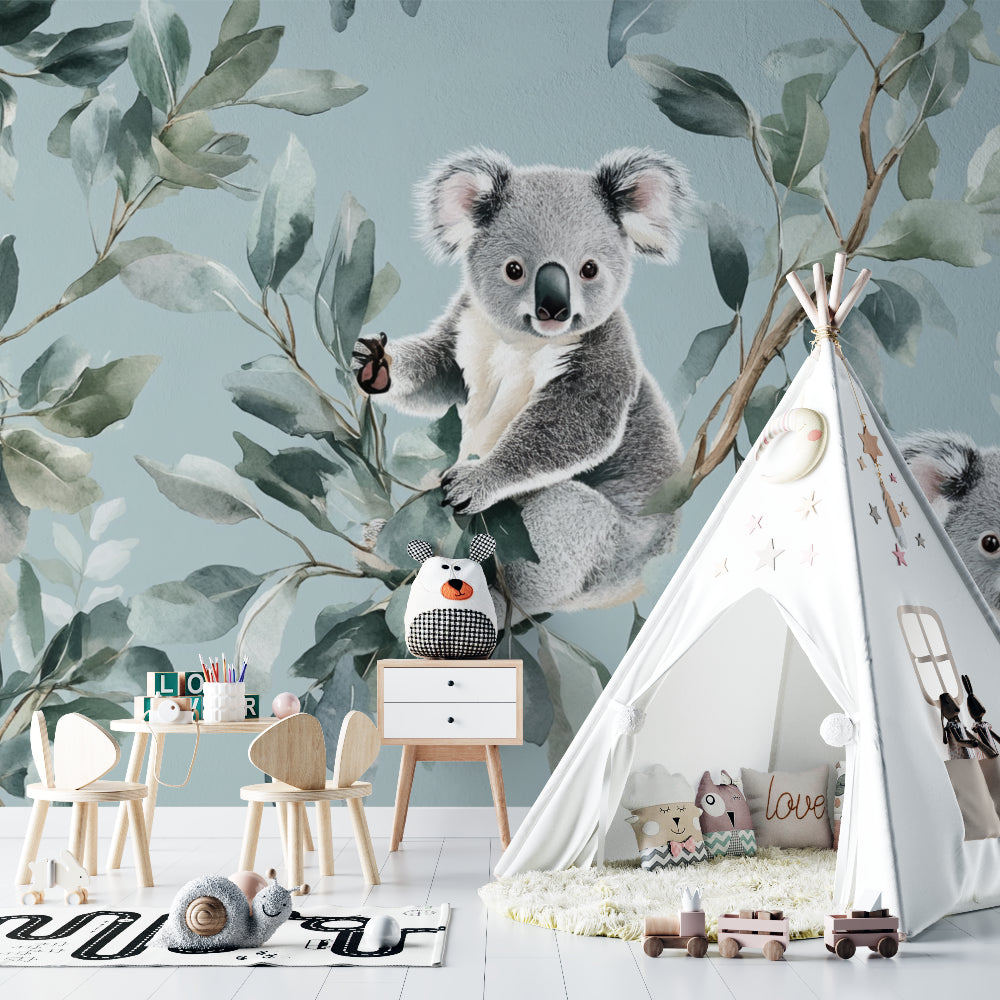 Koala bear wallpaper creating cozy reading nook in playroom setting