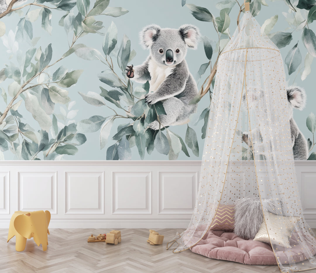 Sweet koala mural in baby room with gentle lighting and neutral decor