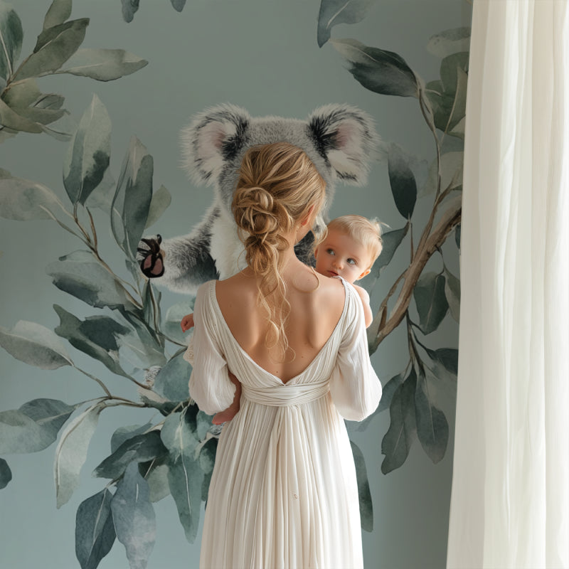 Eucalyptus koala wallpaper bringing nature theme to modern nursery space