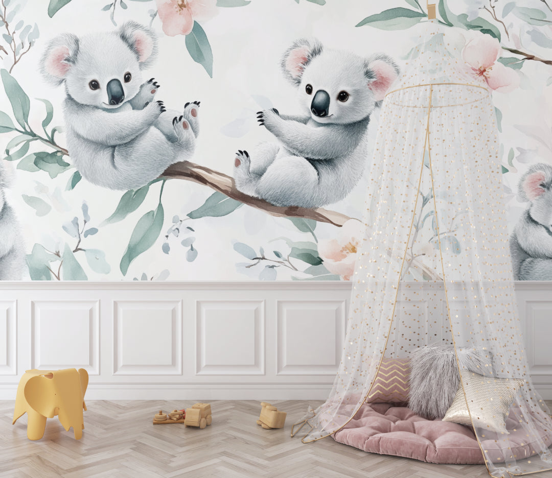 Floral koala wallpaper installed in a bright playroom with reading nook