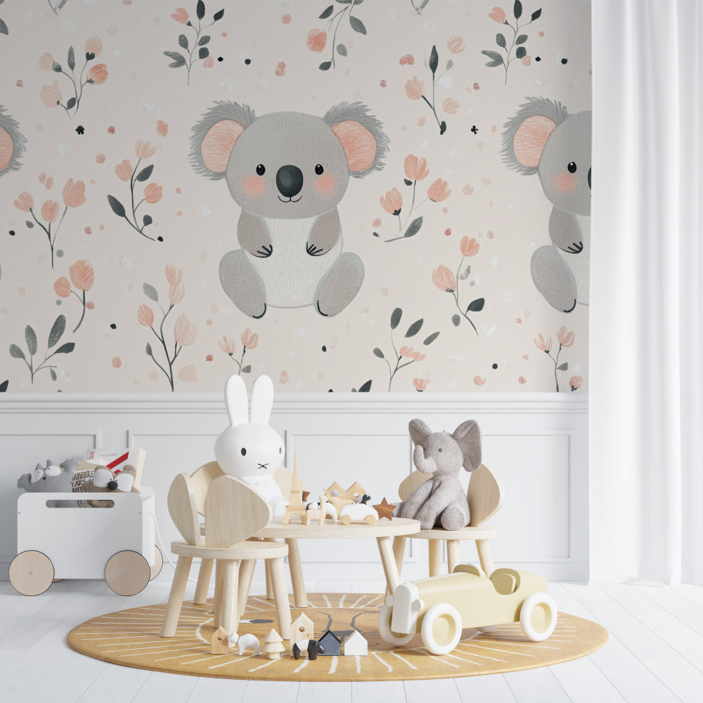 Koala nursery wallpaper mural in a modern white nursery with natural wood furniture and soft pink accents
