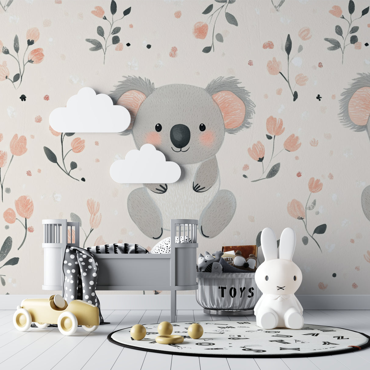 Sweet koala wallpaper creating a cozy reading nook in a baby's room with rocking chair and soft lighting