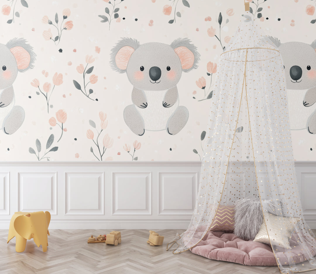 Floral koala mural wallpaper brightening a toddler's bedroom with white furniture and plush toys
