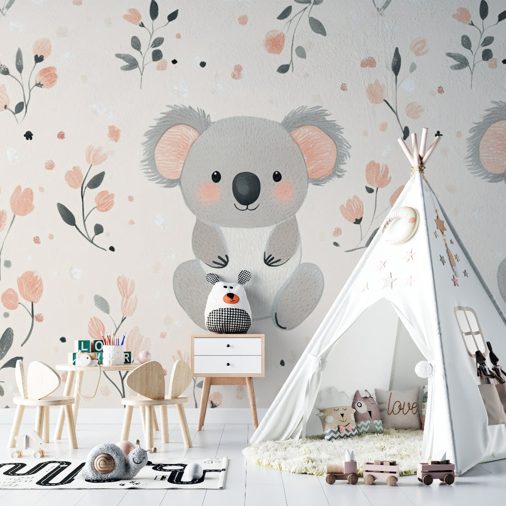 Nursery koala wallpaper displayed in a playroom setting with educational toys and storage