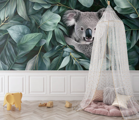 Koala wallpaper mural bringing life to a modern nursery with gentle green tones and peaceful atmosphere
