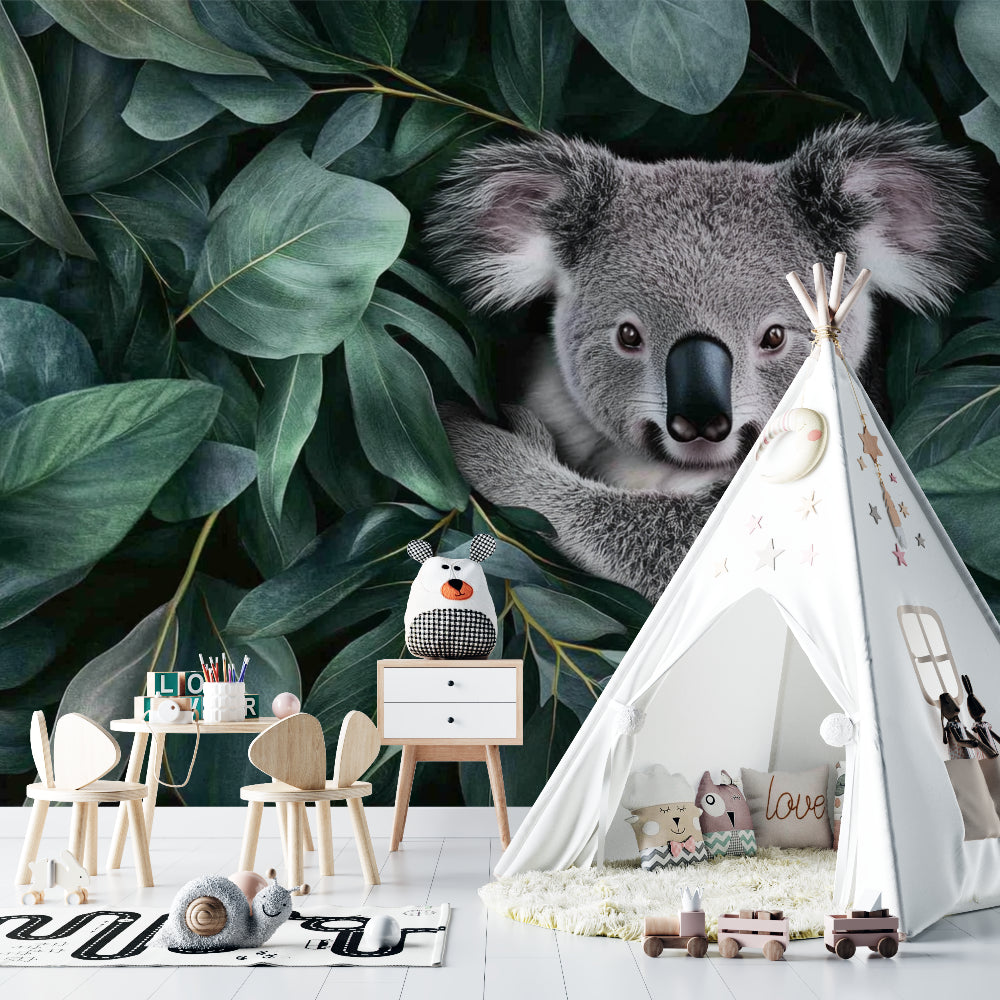 Kids bedroom transformed with Australian koala wall mural featuring tropical monstera leaves