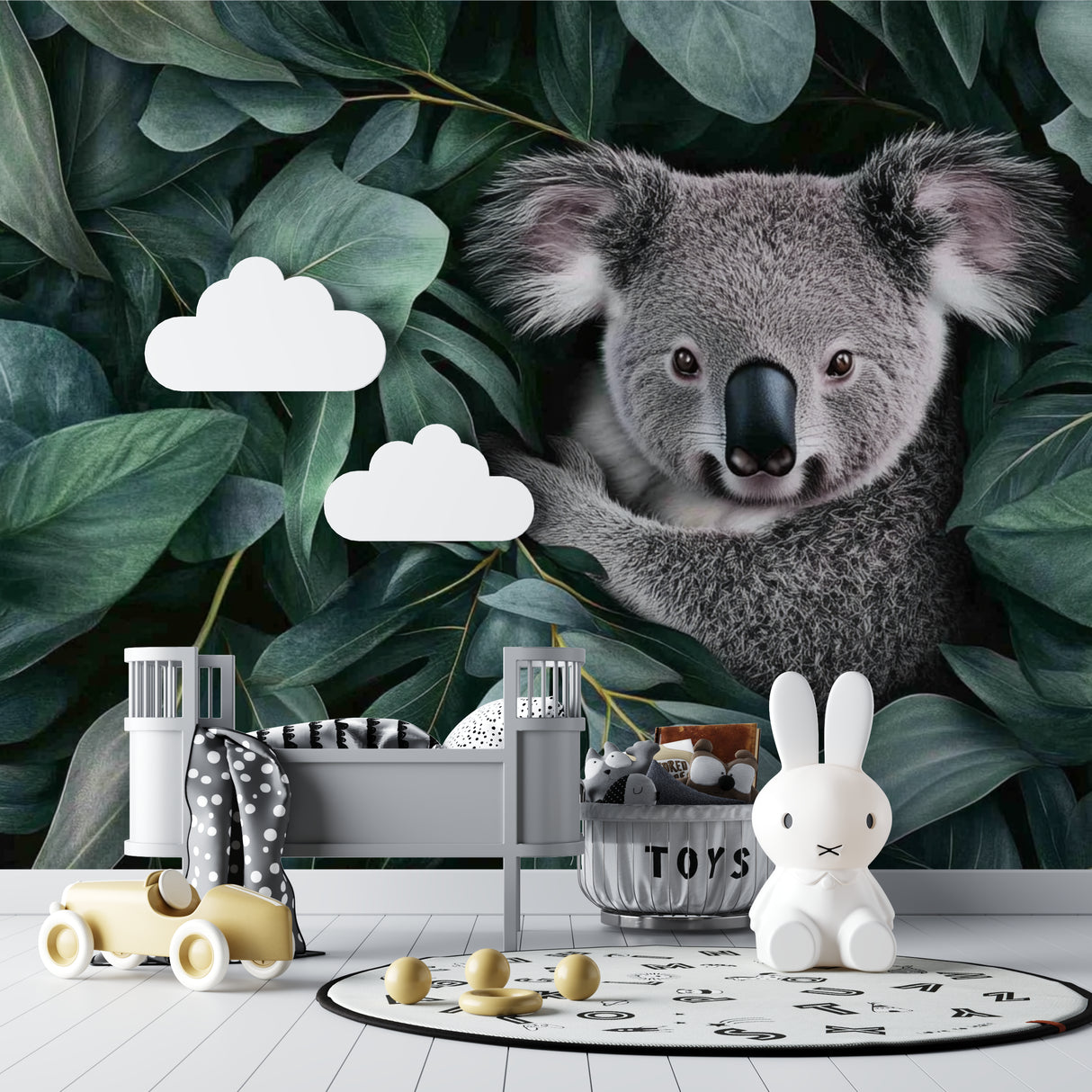 Home office space with calming koala wall mural bringing nature indoors