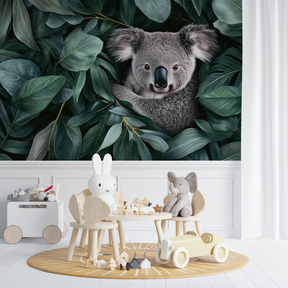 Reading nook decorated with Australian forest wallpaper showing peaceful koala