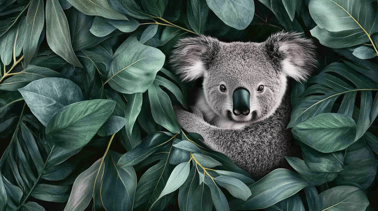 Koala and tropical monstera leaves wallpaper design file showing intricate pattern details