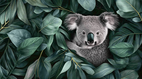 Koala and tropical monstera leaves wallpaper design file showing intricate pattern details