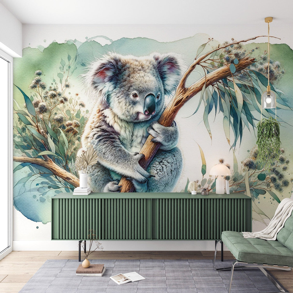 Koala wallpaper mural bringing Australian charm to a modern nursery with soft watercolor design