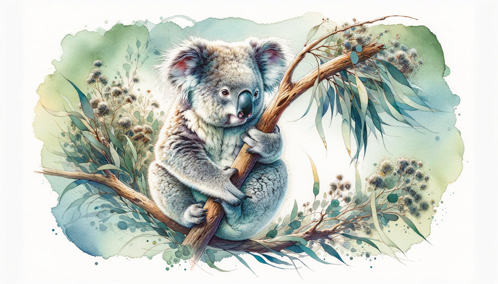 Koala watercolor wallpaper design file showing detailed eucalyptus pattern