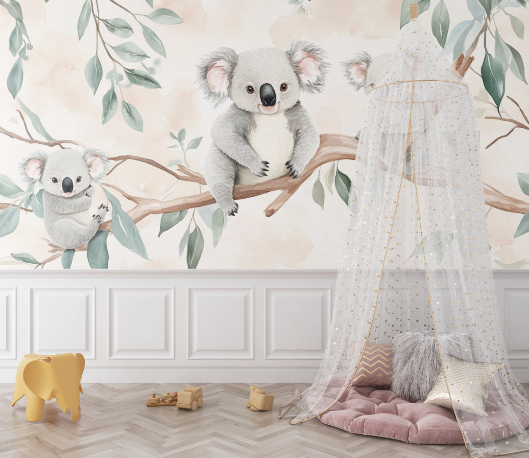Koala wallpaper mural creating a peaceful atmosphere in a modern nursery with white furniture