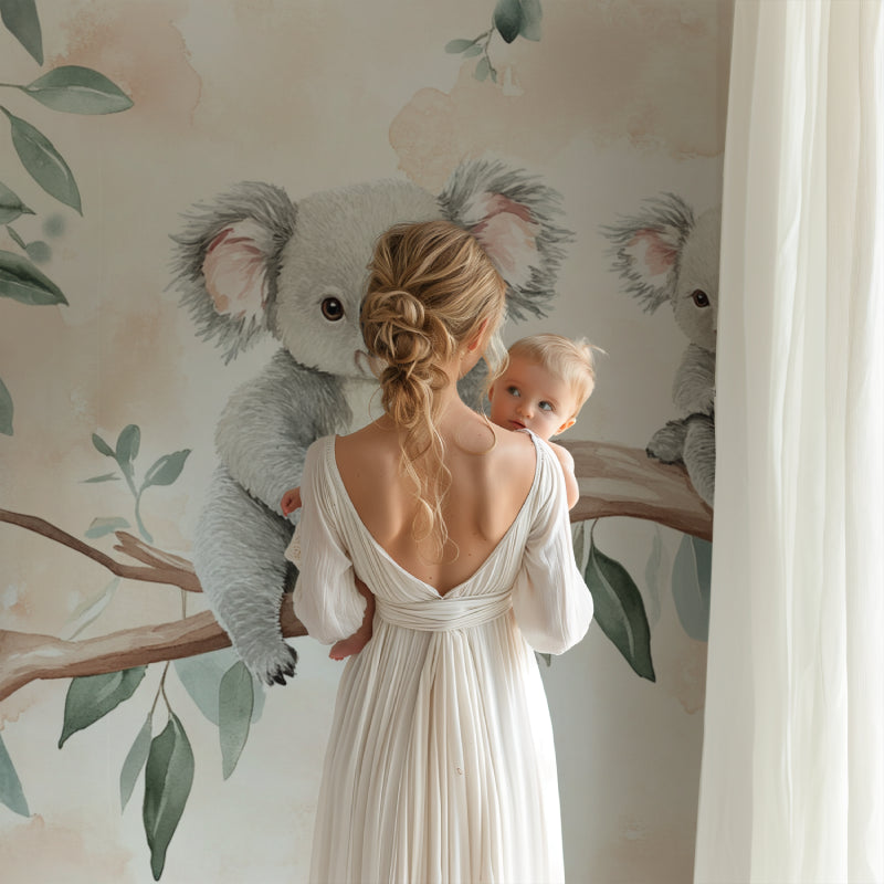 Watercolor koala wall mural brightening a child's reading nook with soft natural light