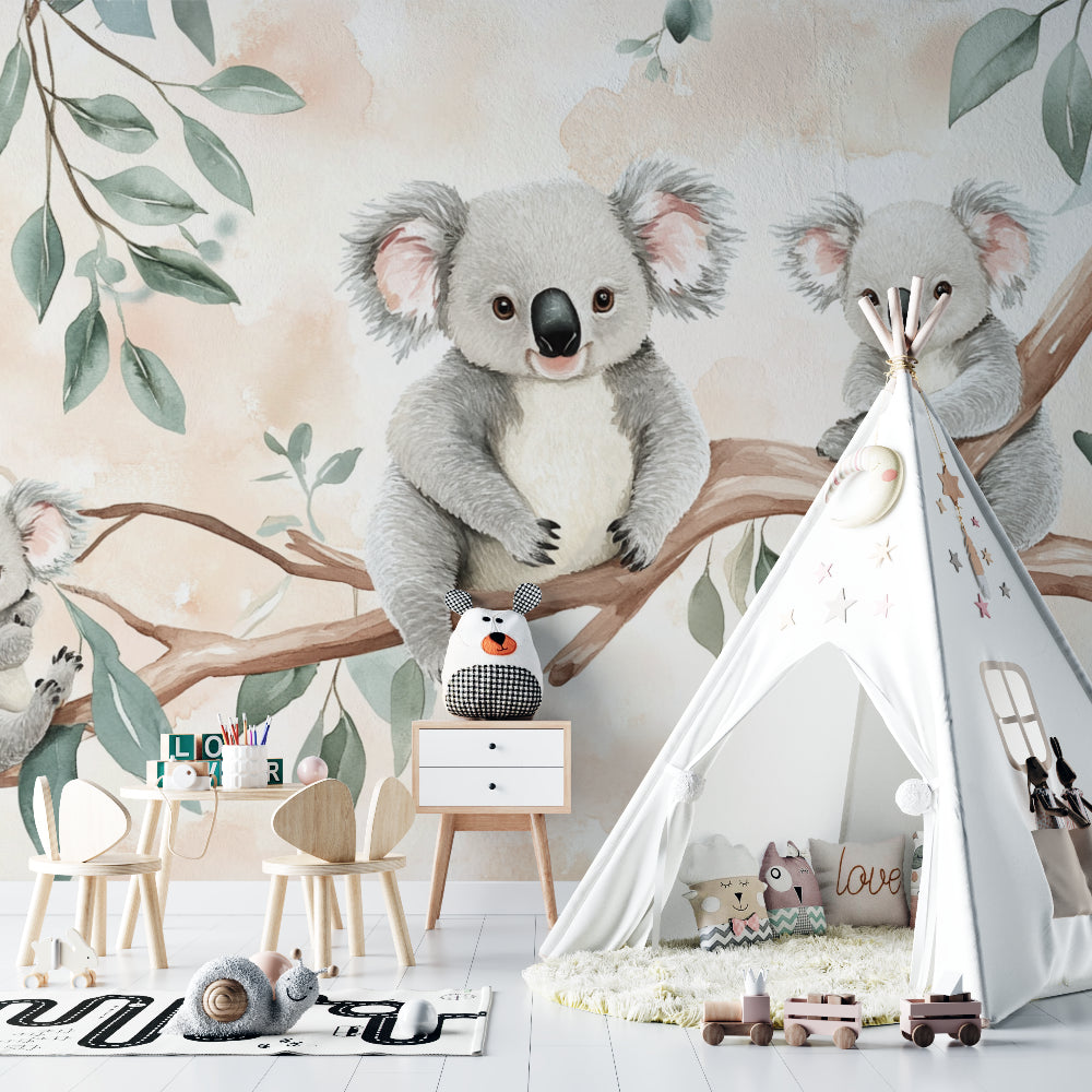 Australian koala wallpaper adding charm to a baby's room with neutral decor