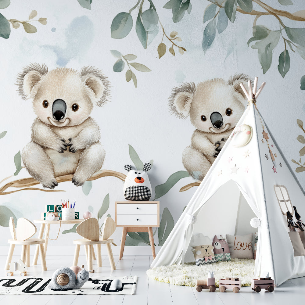 Koala and eucalyptus wallpaper bringing nature vibes to a modern playroom setting