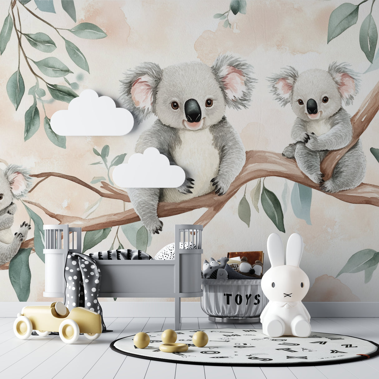 Eucalyptus koala mural transforming a playroom with its soft sage and blush tones