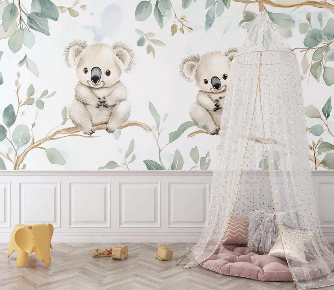 Watercolor koala mural wallpaper showcased in a minimal Scandinavian bedroom