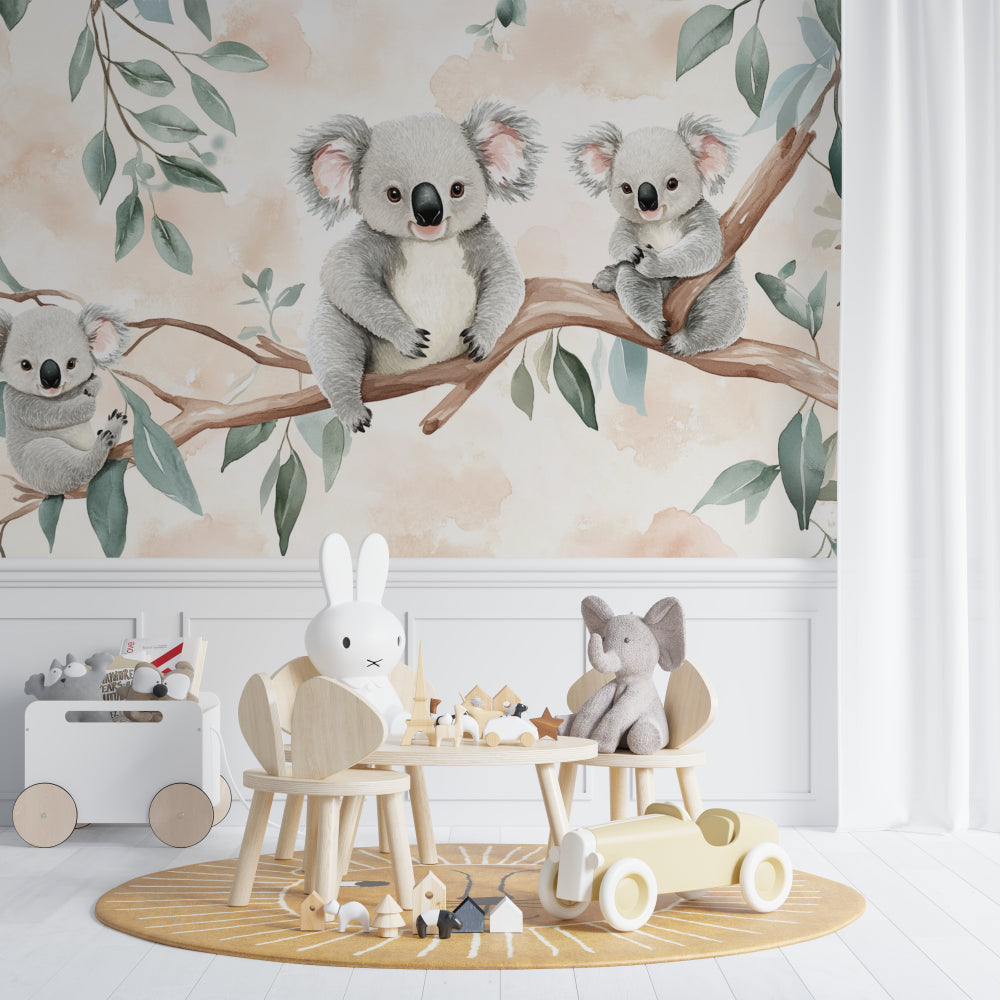 Koala nursery wallpaper creating a sweet dream space in a toddler's bedroom