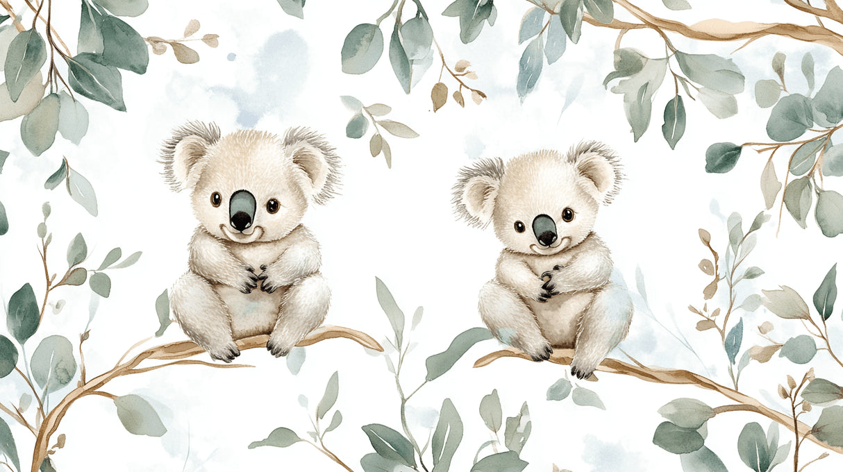 Koala wallpaper design file showing detailed watercolor eucalyptus pattern and adorable koalas